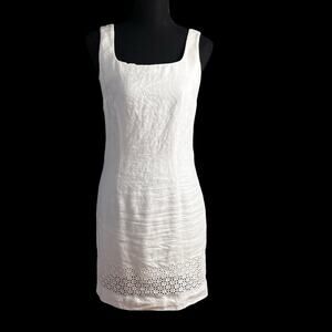 Ann Taylor White Linen Shift Dress Eyelet Hem USA Made Size 2 Summer Wedding
